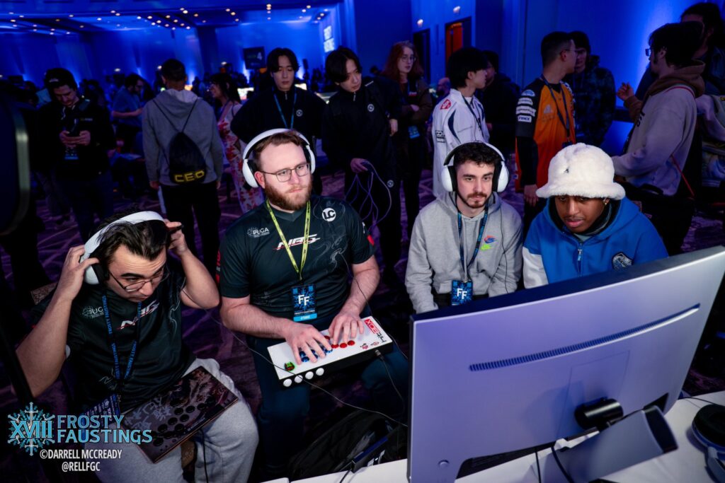 It’s a photo of 2XKO esports players during a match at the Frosty Faustings 2026 Duos tournament.