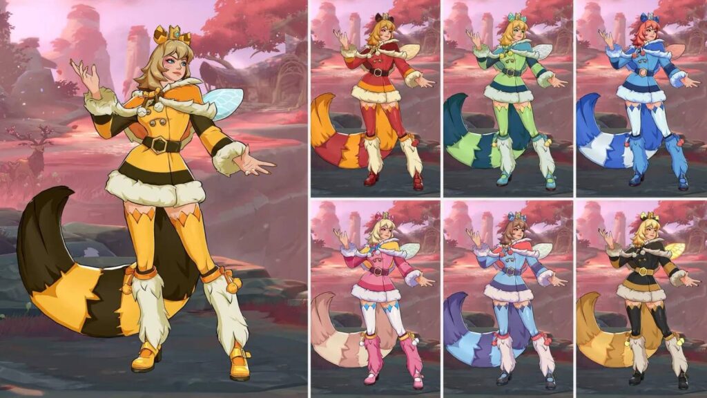 The image highlights the bee skin for the 2XKO champion Ahri: the basic costume and a few color variants.