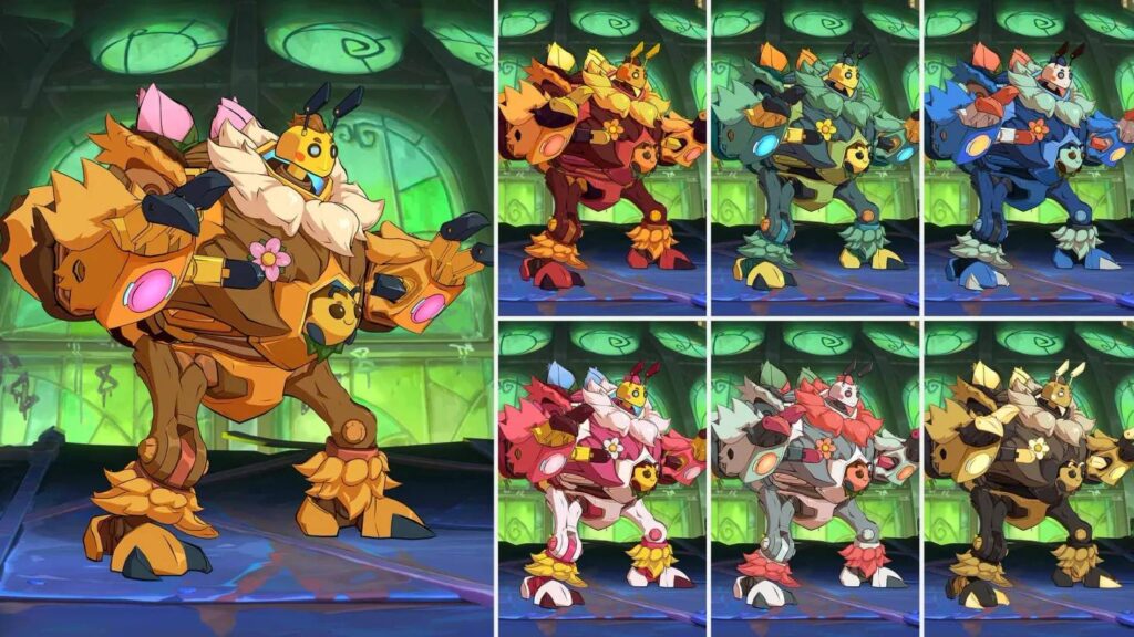 The image highlights the bee skin for the 2XKO champion Blitzcrank: the basic costume and a few color variants.