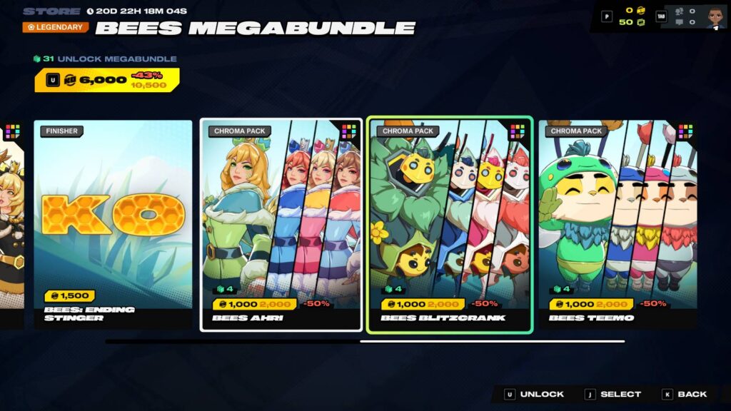 It's a screenshot from the fighting game 2XKO: Bees: Ending Sting and Chroma packs within a bundle in the internal store.