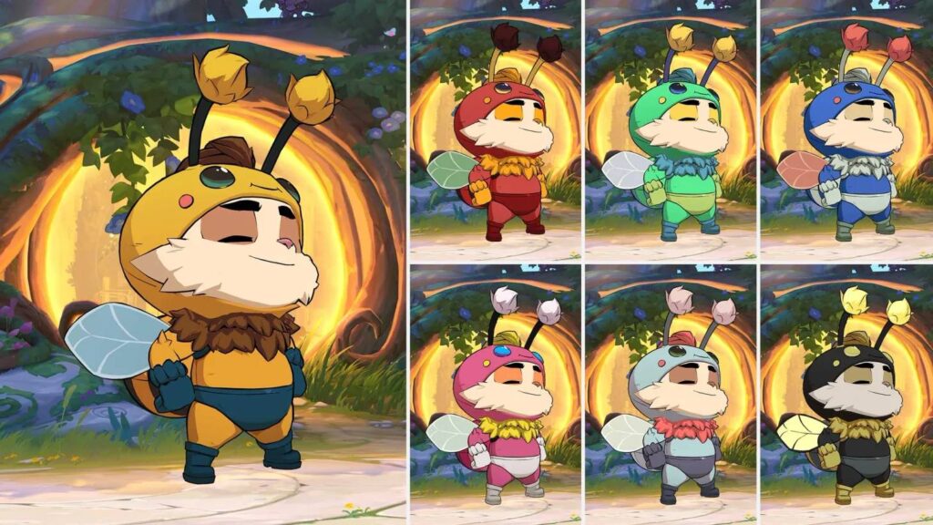 The image highlights the bee skin for the 2XKO champion Teemo: the basic costume and a few color variants.