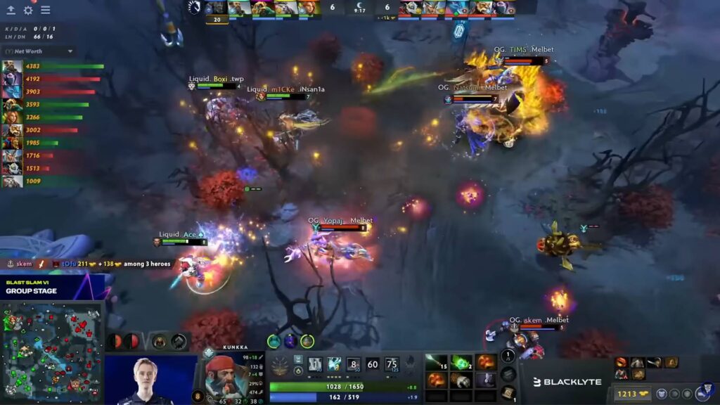 A professional Dota 2 match featuring OG and Team Liquid