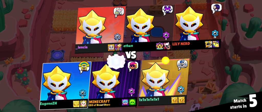 The screenshot from the mobile game Brawl Stars shows a loading screen before a Mirror Match to try out the new character, Sirius: six Sirius icons for six players.