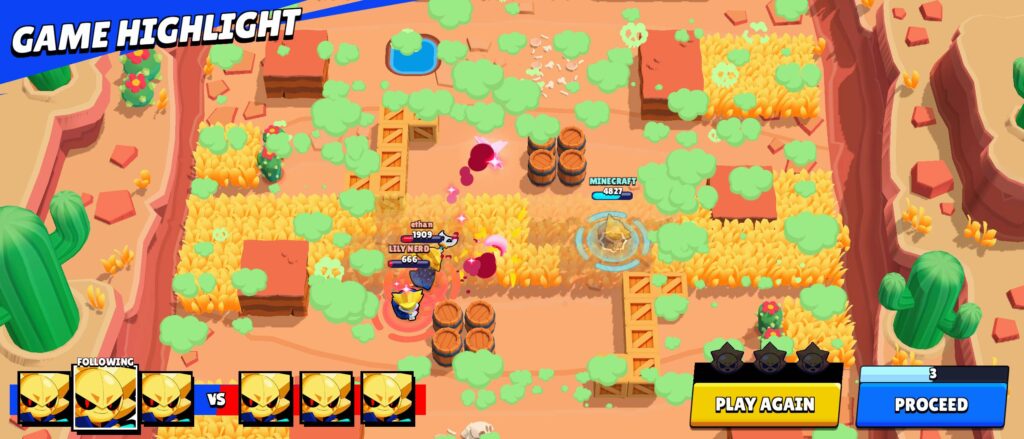 The screenshot - match highlights in the mobile game Brawl Stars: three players on a small map playing the new brawler, Sirius.