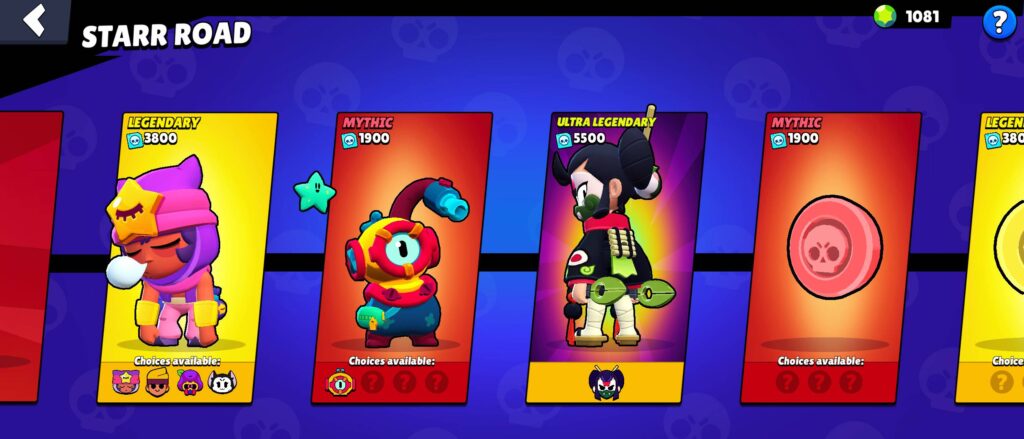 The screenshot shows Starr Road on Brawl Stars - a section to unlock game characters.