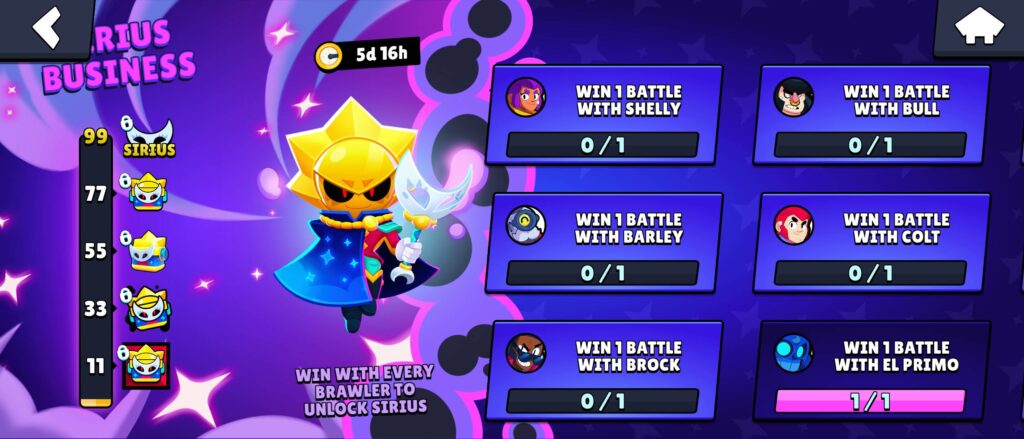 The image is a screenshot from the mobile game Brawl Stars: the unlock event for the brawler Sirius.