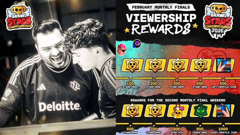 The image features the free rewards from Brawl Stars esports February Finals 2026 - the image also features a photo of the pro players from the team HMBLE.