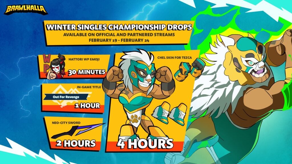 The Image reveals details of the Twitch Drops items during the Brawlhalla Winter Championship 2026.