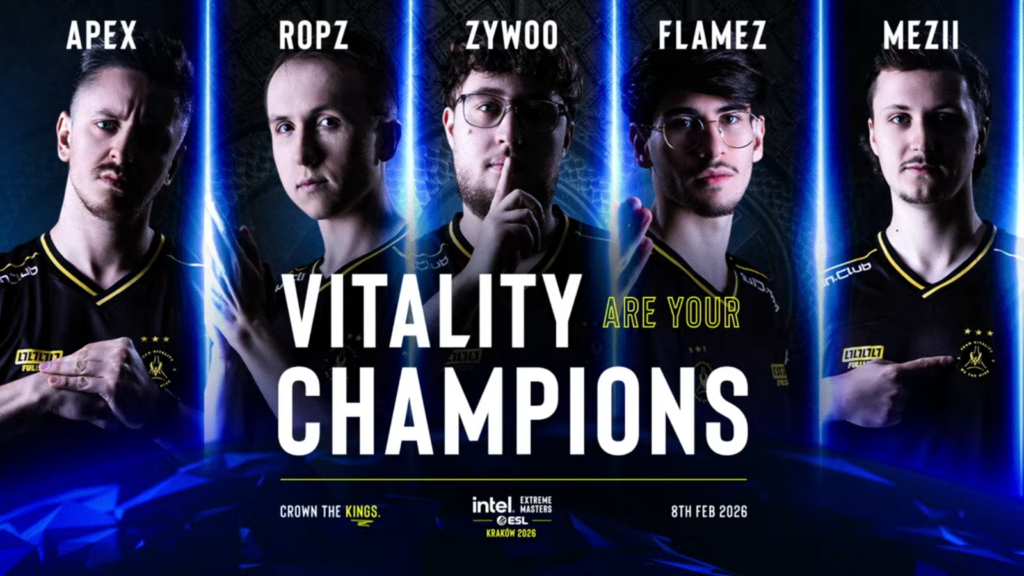 It’s the official poster of Team Vitality winning the CS2 esports event IEM Kraków 2026: it features photos of all the players and their names.