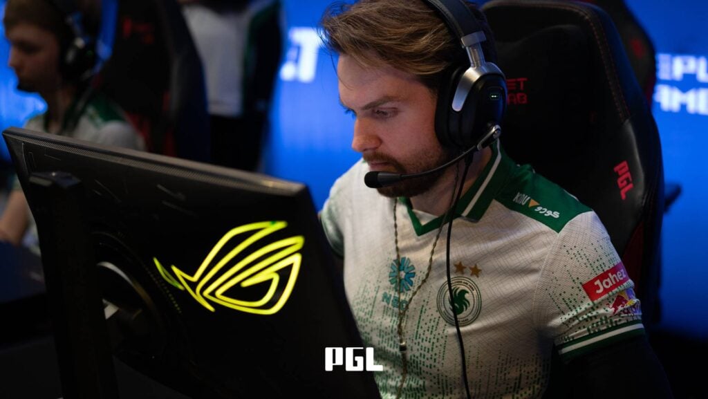 It’s a photo of Counter-Strike 2 esports player Nikola "NiKo" Kovač from Team Falcons during the Swiss Stage of the CS2 tournament PGL Cluj-Napoca 2026 — in front of a monitor, during a match.