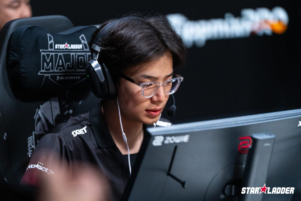 It’s a photo of the CS2 player Sodbayar "Techno4K" Munkhbold from the team The MongolZ during the esports tournament Budapest Major 2025: focused during a match.