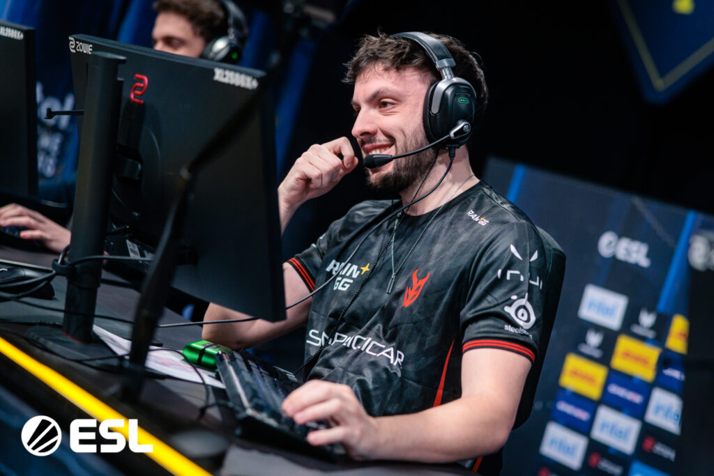 It’s a photo of the Counter-Strike players from the team 3DMAX at the CS2 esports event IEM Kraków 2026: during a match.