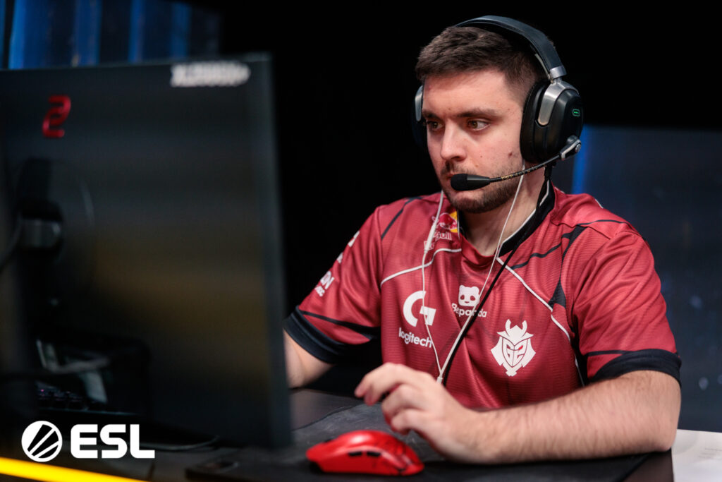It’s a photo of the CS2 player Matúš "matys" Šimko from the team G2 Esports during the Counter-Strike tournament IEM Kraków 2026 — focused during a match.