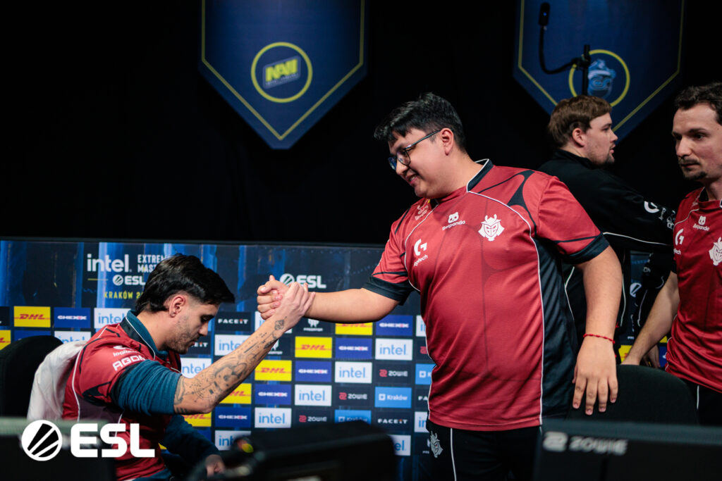 It’s a photo of the Counter-Strike players from the team G2 Esports at the CS2 esports event IEM Kraków 2026.