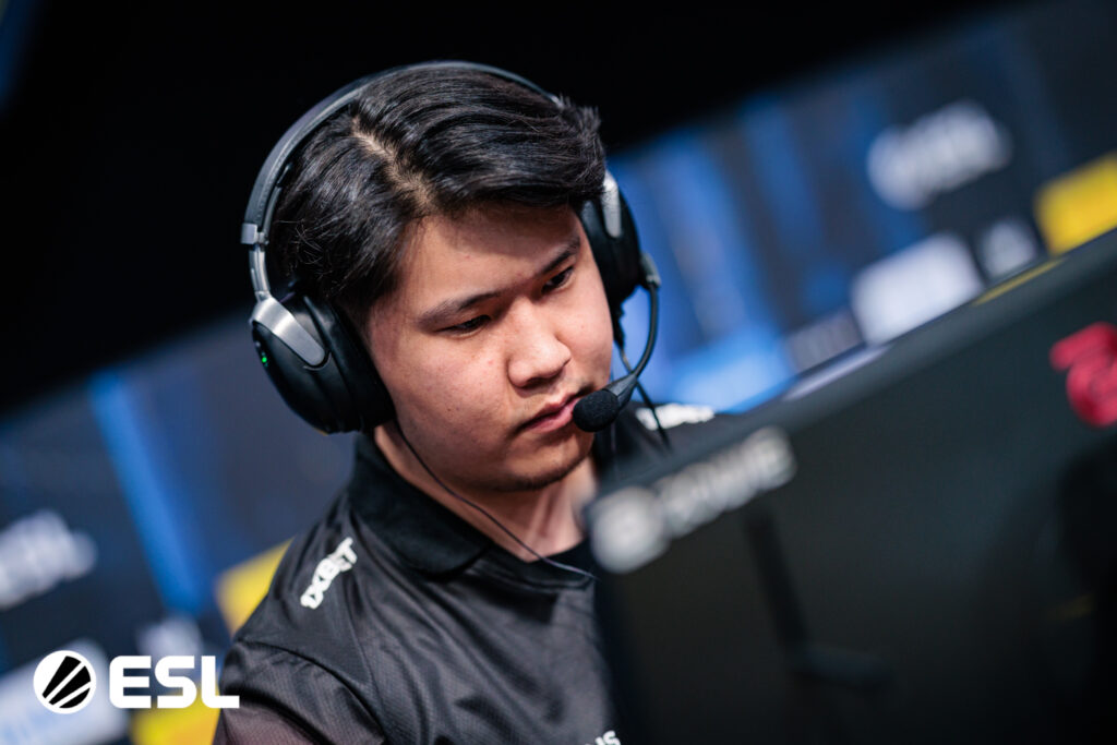 It’s a photo of the Counter-Strike player Garidmagnai "bLitz" Byambasuren from the team The MongolZ at the CS2 esports event IEM Kraków 2026: during a match.