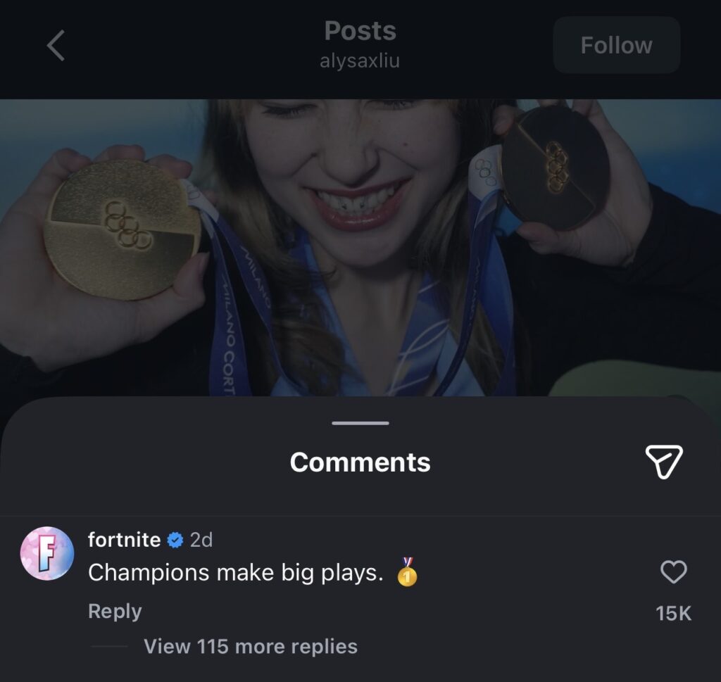 Fortnite comments on Alysa Liu’s post