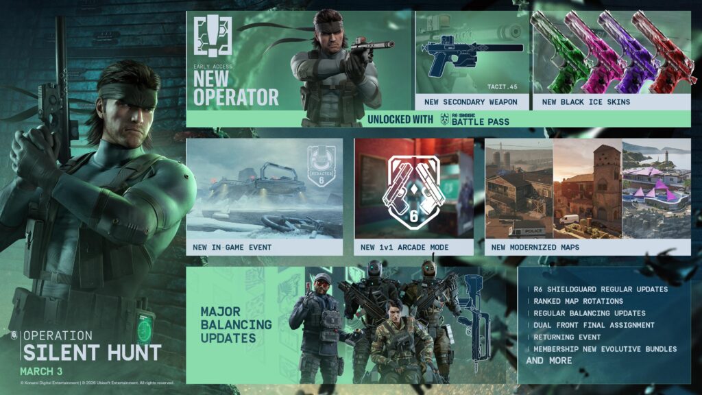 The official poster explains various elements of the R6 Siege X in-game event Operation Silent Hunt - a collaboration with the Metal Gear Solid series.