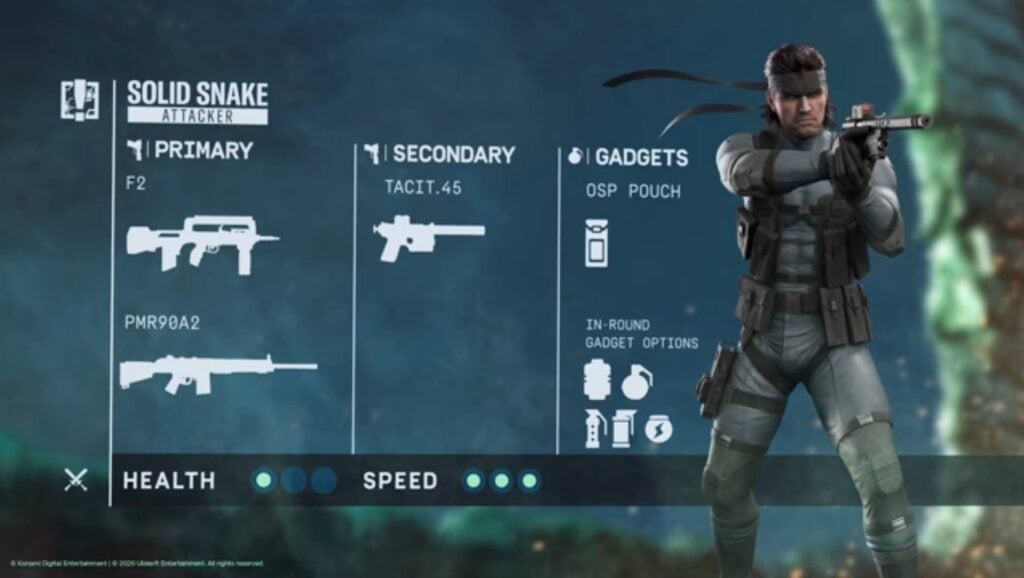 The image reveals loadout and some stats for the New Rainbow Six Siege X operator, Solid Snake from Metal Gear Solid.