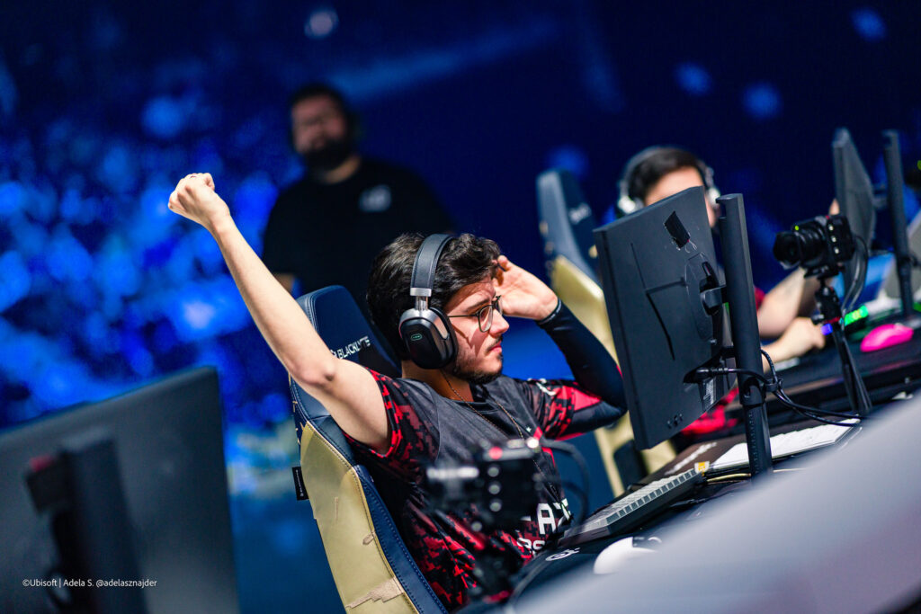 The Rainbow Six Siege X pro players from the team FaZe during the Finals stage at the esports tournament Six Invitational 2026 — a photo, focused during a match.