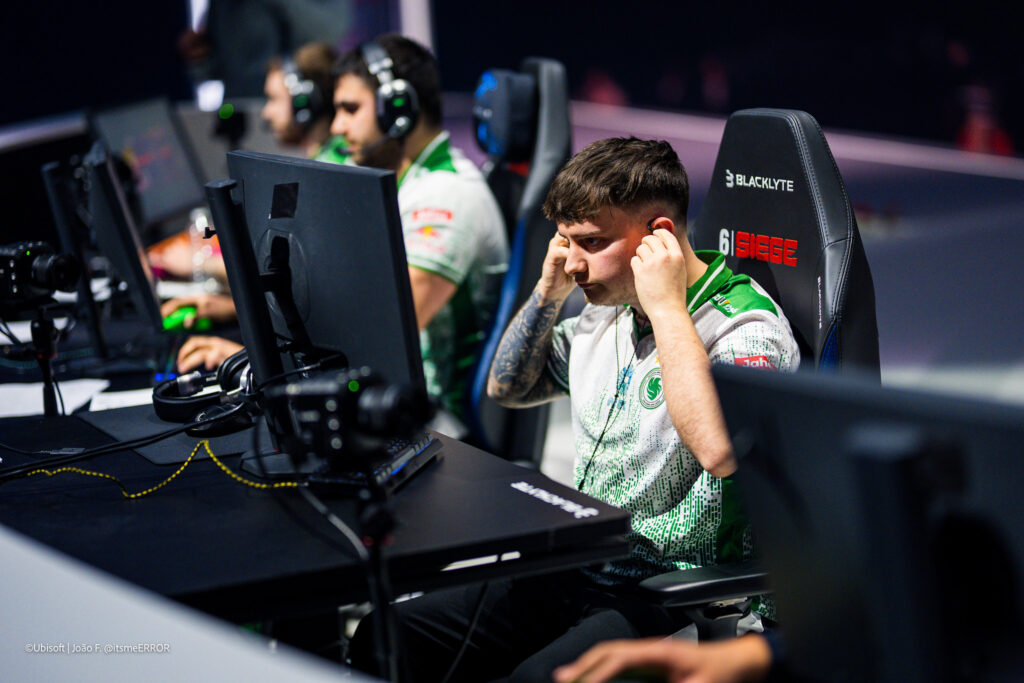 The Rainbow Six Siege X pro players from Team Falcons during the Finals stage at the esports tournament Six Invitational 2026 — a photo, focused during the lower final versus Secret.