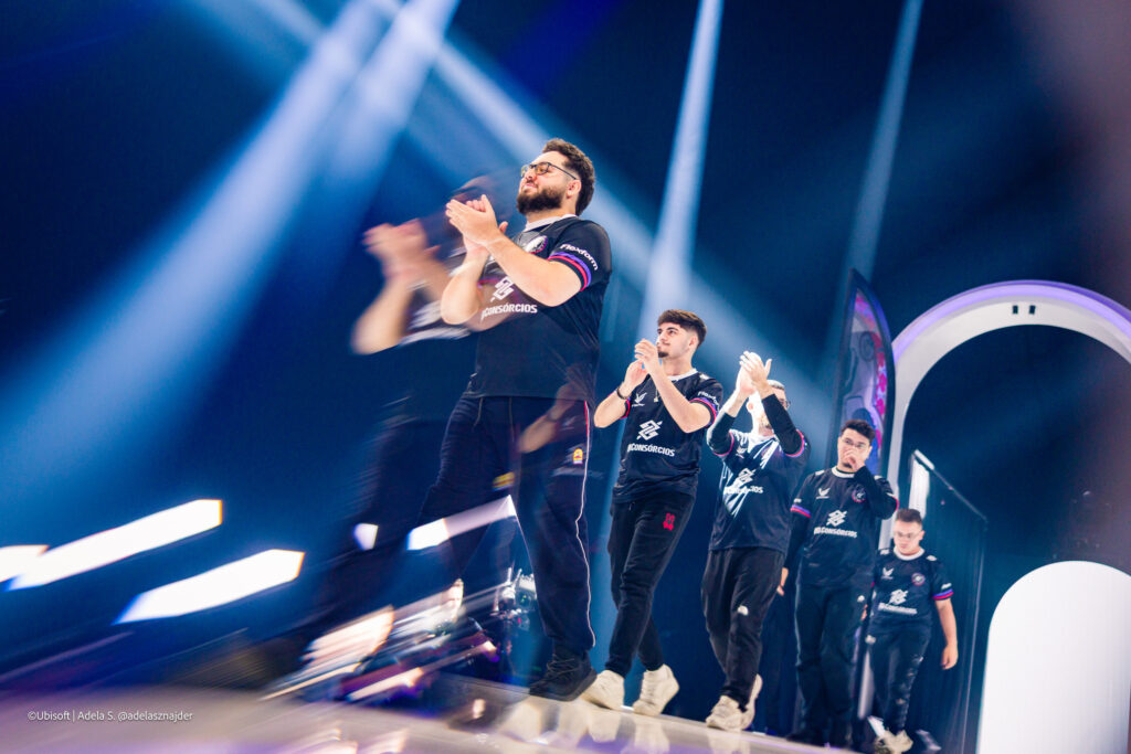 The Rainbow Six Siege X pro players from Fluxo W7M during the Finals stage at the esports tournament Six Invitational 2026 — a photo, entering the arena.