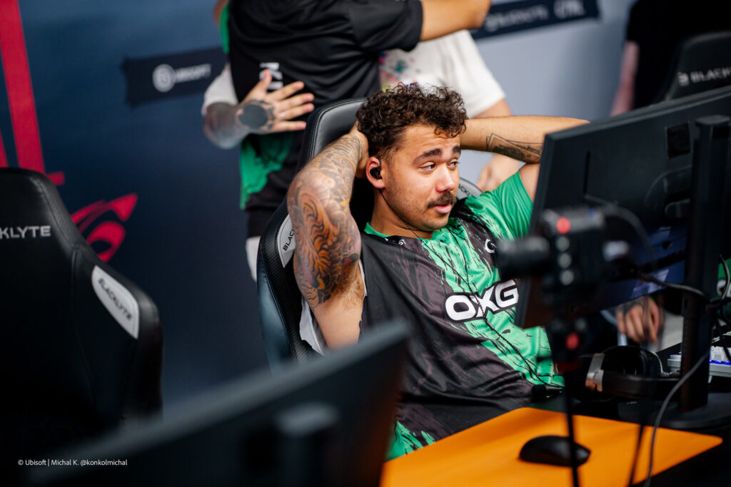 The Rainbow Six Siege X pro players from the team Oxygen Esports during the Playoffs stage at the esports tournament Six Invitational 2026 — a photo, looking worried during a match.