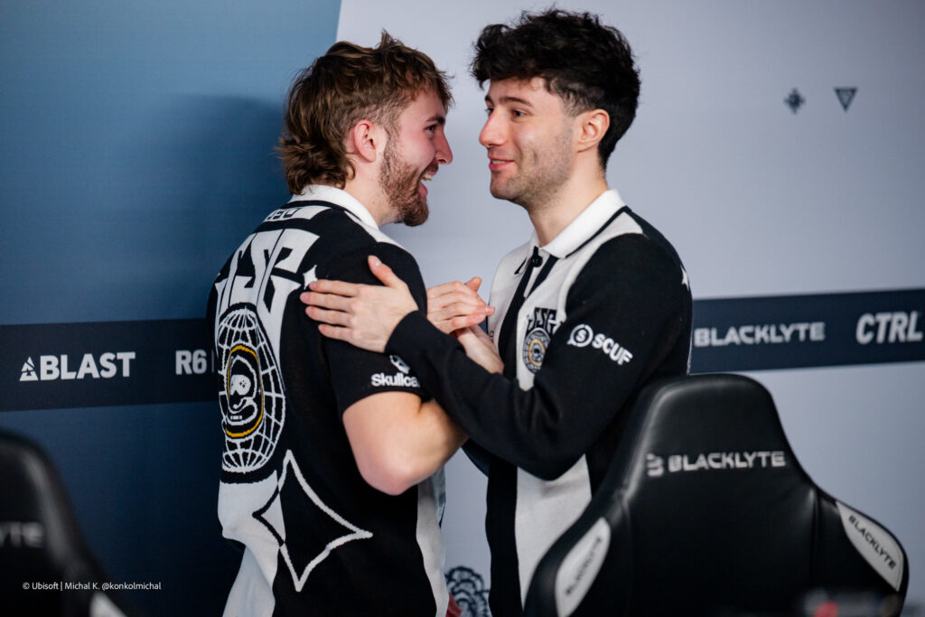 The Rainbow Six Siege X pro players from the team Spacestation Gaming during the Playoffs stage at the esports tournament Six Invitational 2026 — a photo, greet each other after a match.