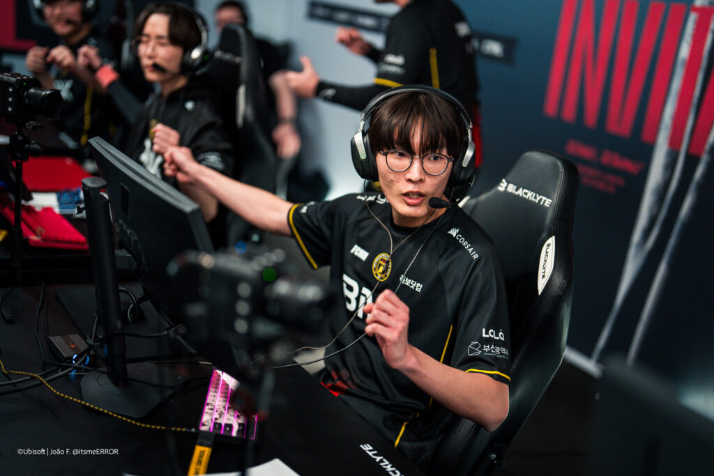 The photo features the R6 Siege X esports players from the team FEARX during the Group Stage at the world cup event, Six Invitational 2026.