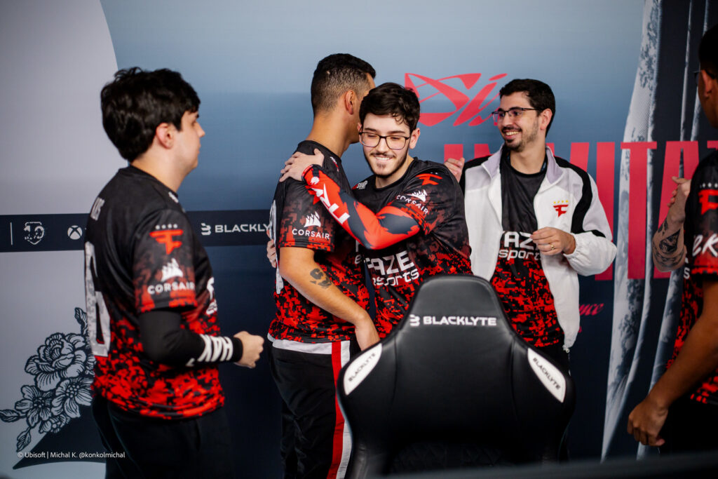 The photo features the R6 Siege X esports players from the team FaZe Clan during the Group Stage at the world cup event, Six Invitational 2026.