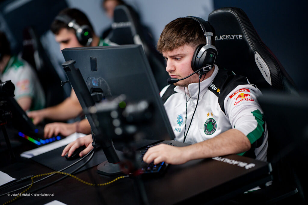 The photo features the R6 Siege X esports players from Team Falcons during the Group Stage at the world cup event, Six Invitational 2026.