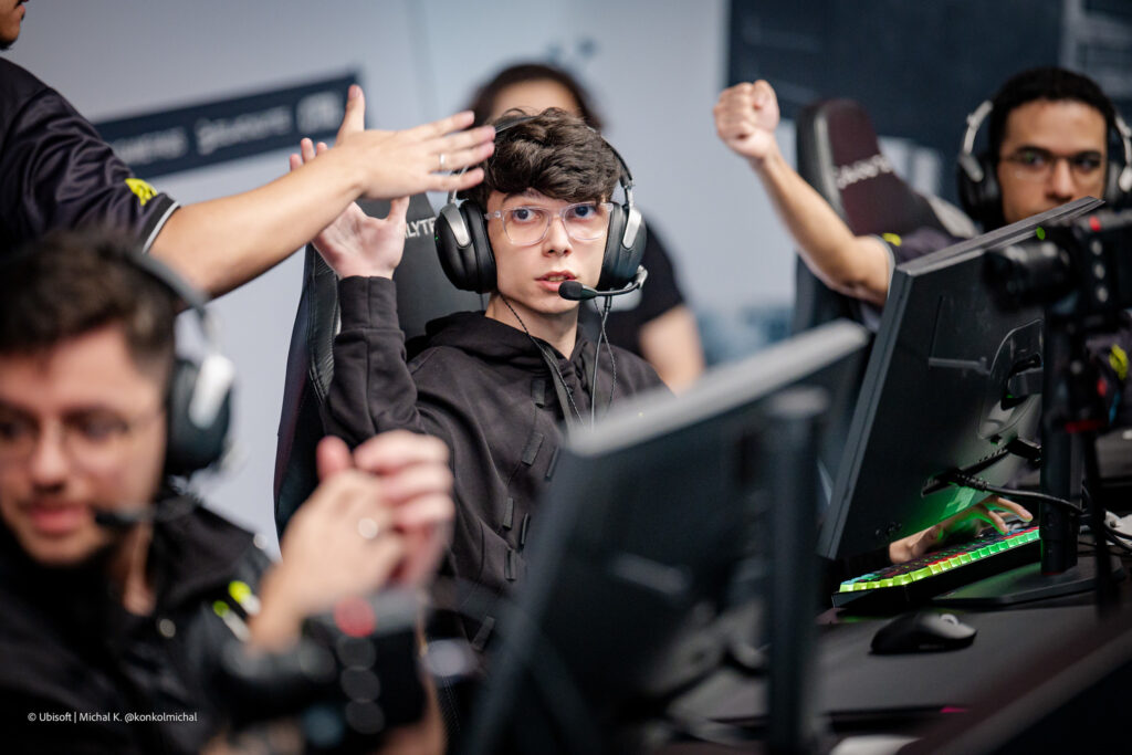 The photo features the R6 Siege X esports players from the team Ninjas in Pyjamas during the Group Stage at the world cup event, Six Invitational 2026.