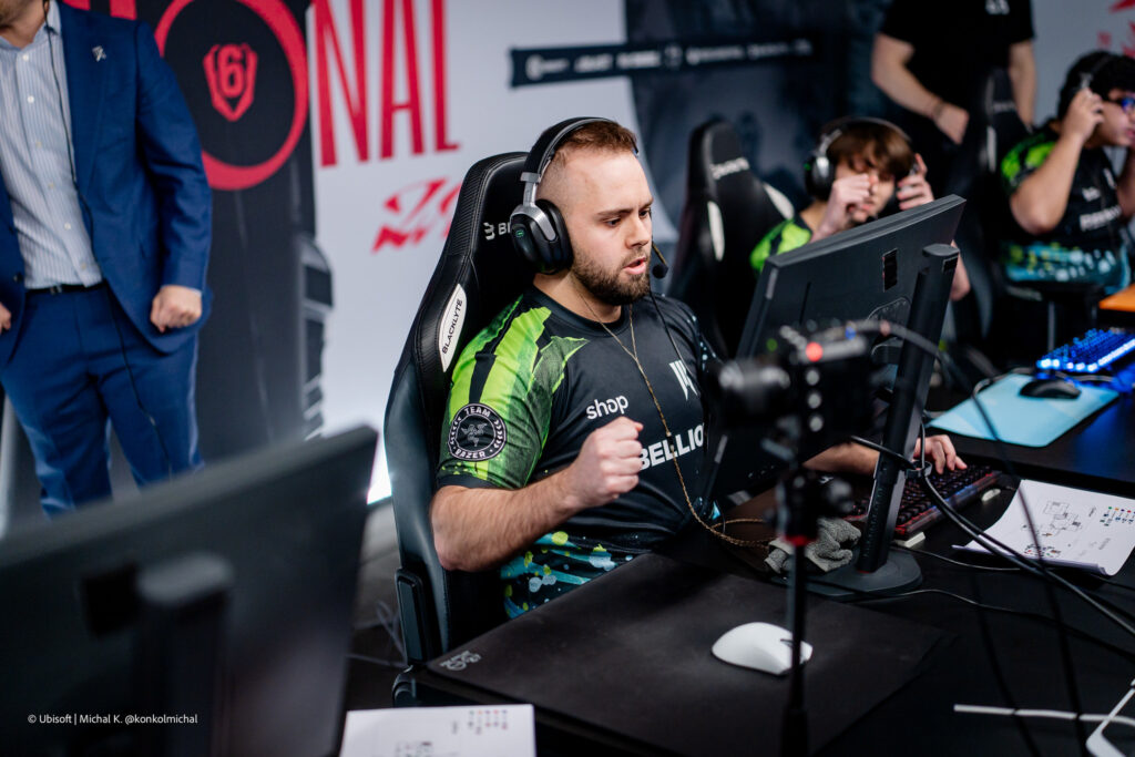 The photo features the R6 Siege X esports players from the team Shopify Rebellion during the Group Stage at the world cup event, Six Invitational 2026.