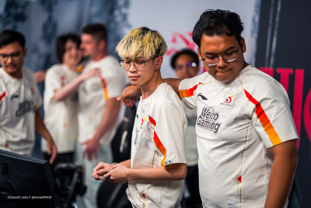 The photo features the R6 Siege X esports players from the team Weibo Gaming during the Group Stage at the world cup event, Six Invitational 2026.