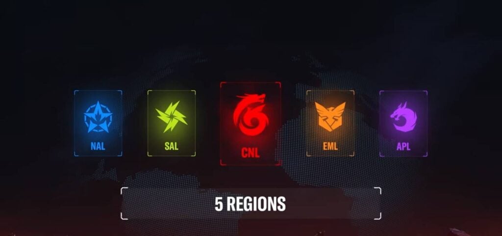 The image highlights five main competitive regions of Rainbow Six Siege X esports in 2026: icons for North America, South America, EMEA, Asia Pacific, and China.