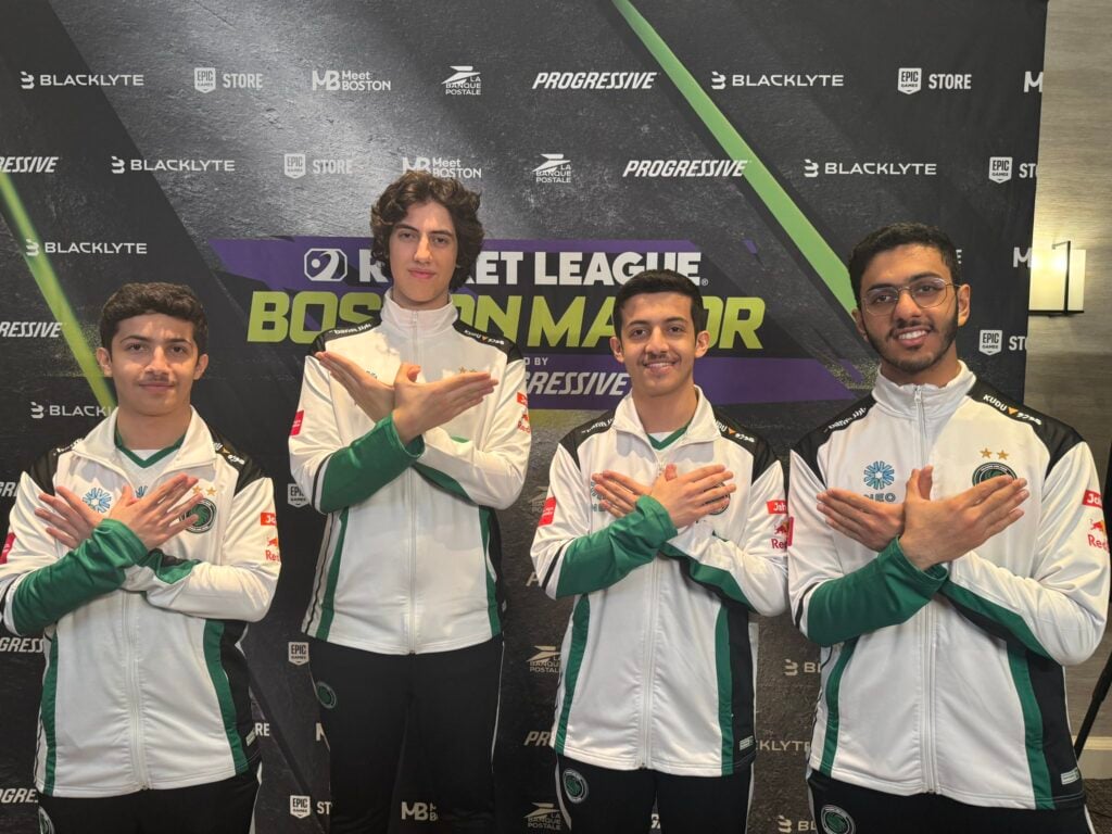 The photo features Rocket League esports players from Team Falcons - they pose for a photoshoot ahead of the tournament Boston Major 2026.