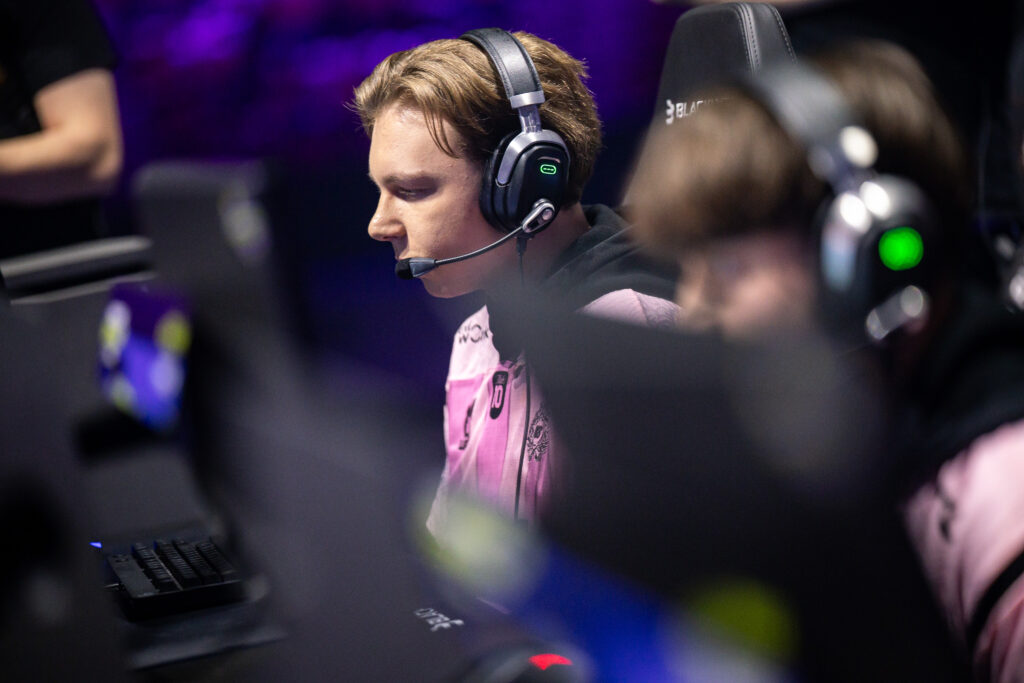 It’s a photo of the Rocket League esports players from the team Gentle Mates: on the stage of the tournament RLCS 2026 Boston Major, competing in the upper round 1 match versus NRG.