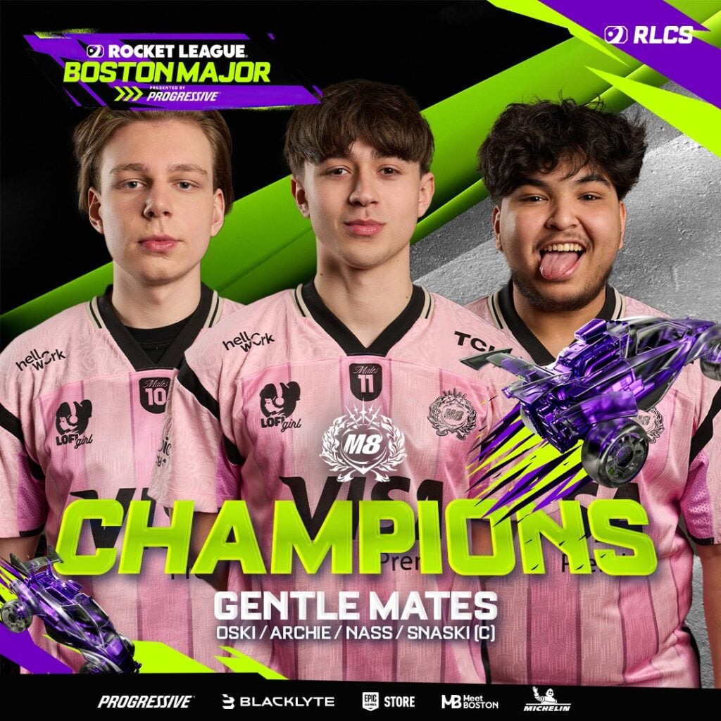 It’s the official poster for the team Gentle Mates winning the Rocket League esports Boston Major 2026. The image features photos of three players.