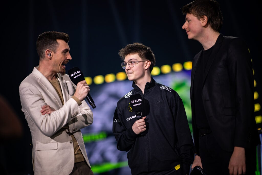 It’s a photo of the Rocket League esports player Alexis "zen" Bernier from Team Vitality: on the stage of the tournament RLCS 2026 Boston Major, during an interview after the upper round 1 match versus Team Falcons.