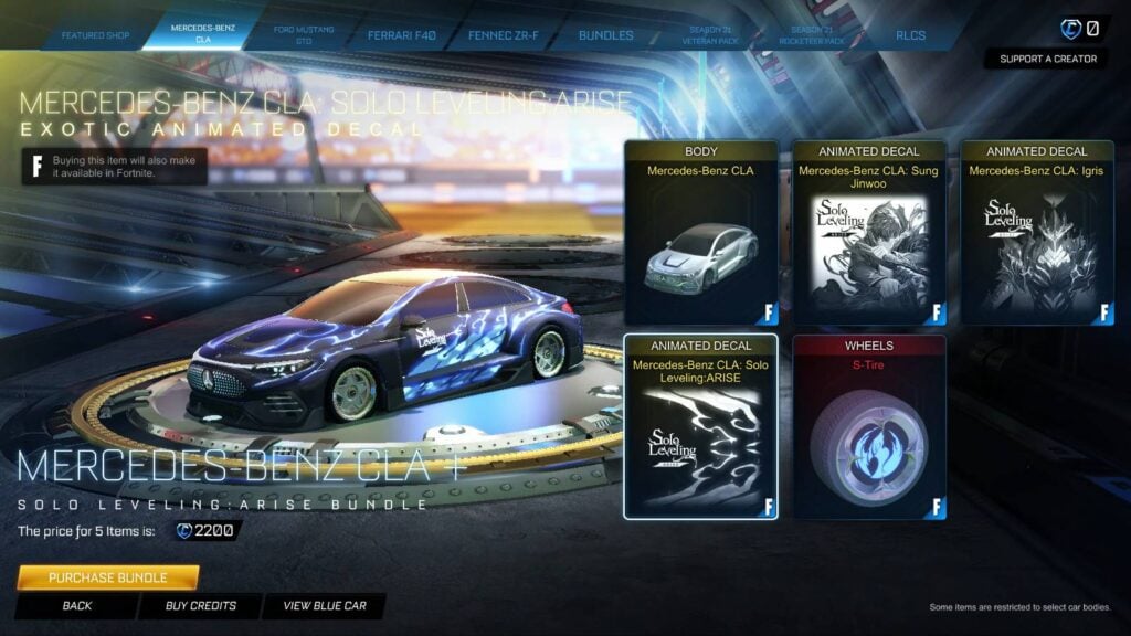 It’s a screenshot from the game Rocket League: the Solo Leveling ARISE decal over the car Mercedes-Benz CLA — the Items Shop offer.