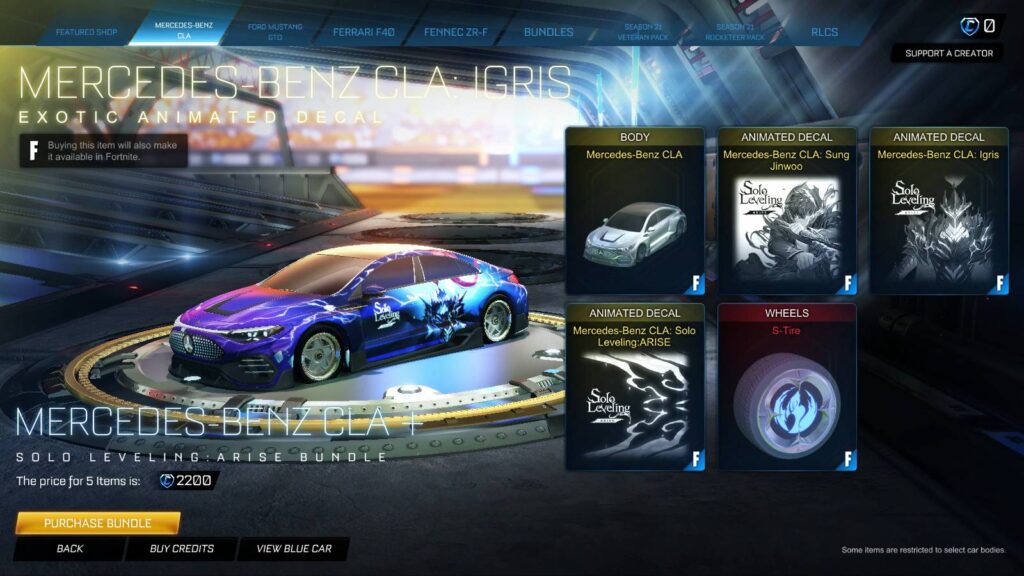 It’s a screenshot from the game Rocket League: the Solo Leveling Igris decal over the car Mercedes-Benz CLA — the Items Shop offer.