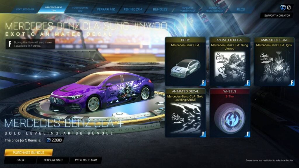 It’s a screenshot from the game Rocket League: the Solo Leveling Sung Jinwoo decal over the car Mercedes-Benz CLA — the Items Shop offer.