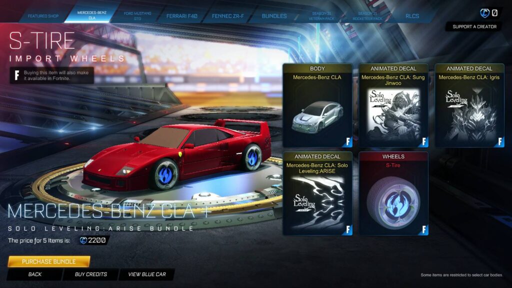 The image highlights the S-Tire wheels from the Solo Leveling bundle in the Rocket League shop with the Ferrari F-40 car body.