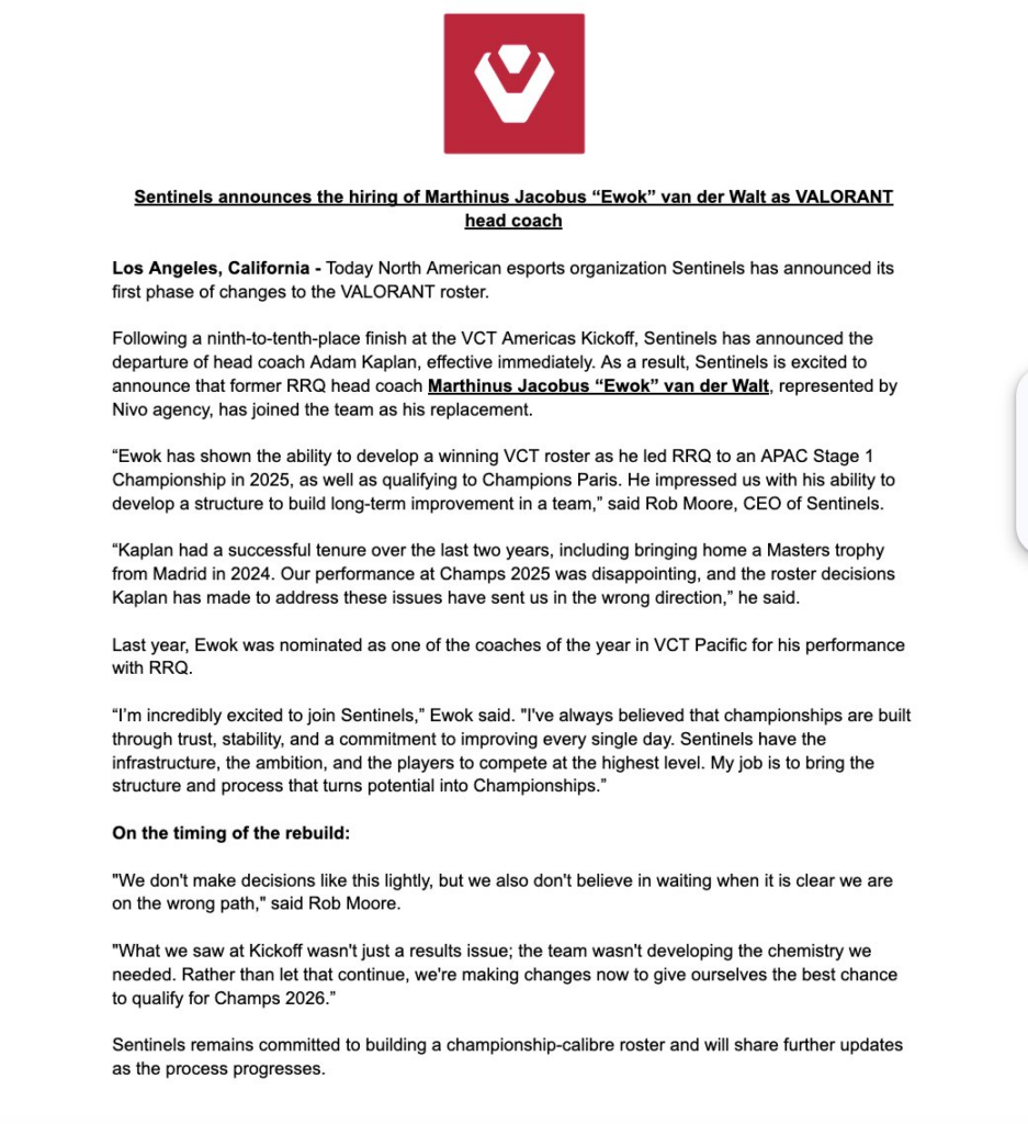 Sentinels CEO Rob Moore's statement (Image via Rob Moore / Sentinels)