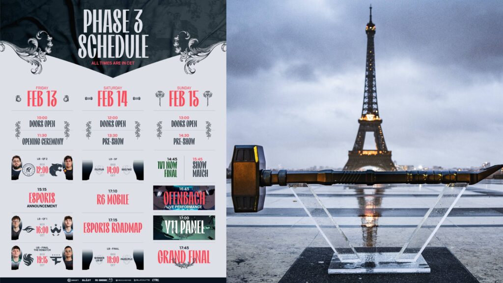 The image highlights the schedule at the Rainbow Six Siege X esports tournament Six Invitational 2026 — the list of matches and events on the stream alongside a view at the Eiffel Tower in Paris and the event trophy, a hammer.