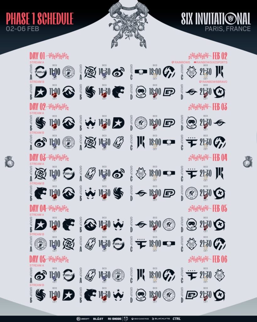 The official R6 Esports poster reveals the Six Invitational Group Stage schedule: matches for all tournament days.