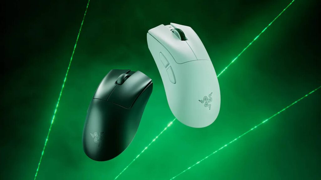 It’s the official promo photo of Razer DeathAdder V4 Pro, a gaming mouse by Razer. The image features white and black versions.