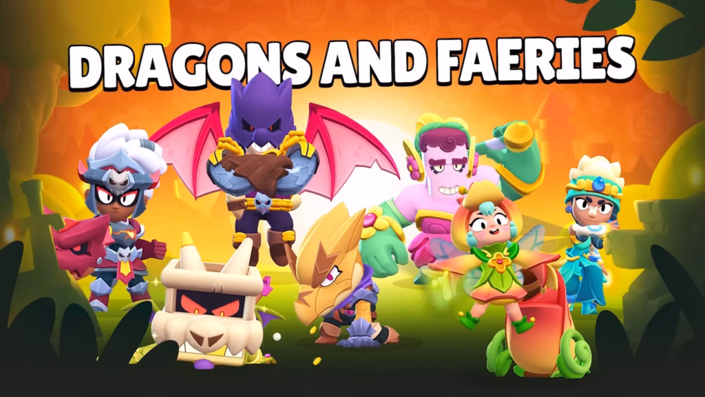 It's the official art poster for the Brawl Pass season, Dragons and Faeries in 2026. The image highlights all the new skins to unlock or buy in Brawl Stars.