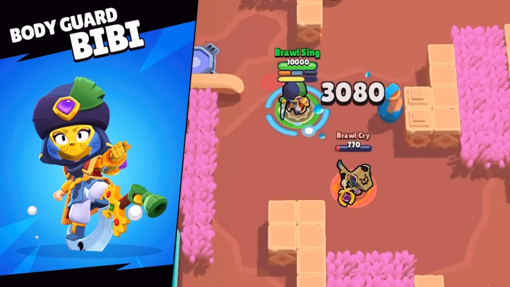 The screenshot from the Brawl Talk program from February 2026 highlights the Brawl Pass skin Bodyguard Bibi, as part of the Sands of Time collection in the game shop.