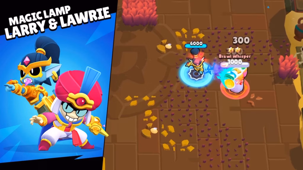 The screenshot from the Brawl Talk program from February 2026 highlights the Brawl Pass skin Magic Lamp Larry & Lawrie, as part of the Sands of Time collection in the game shop.