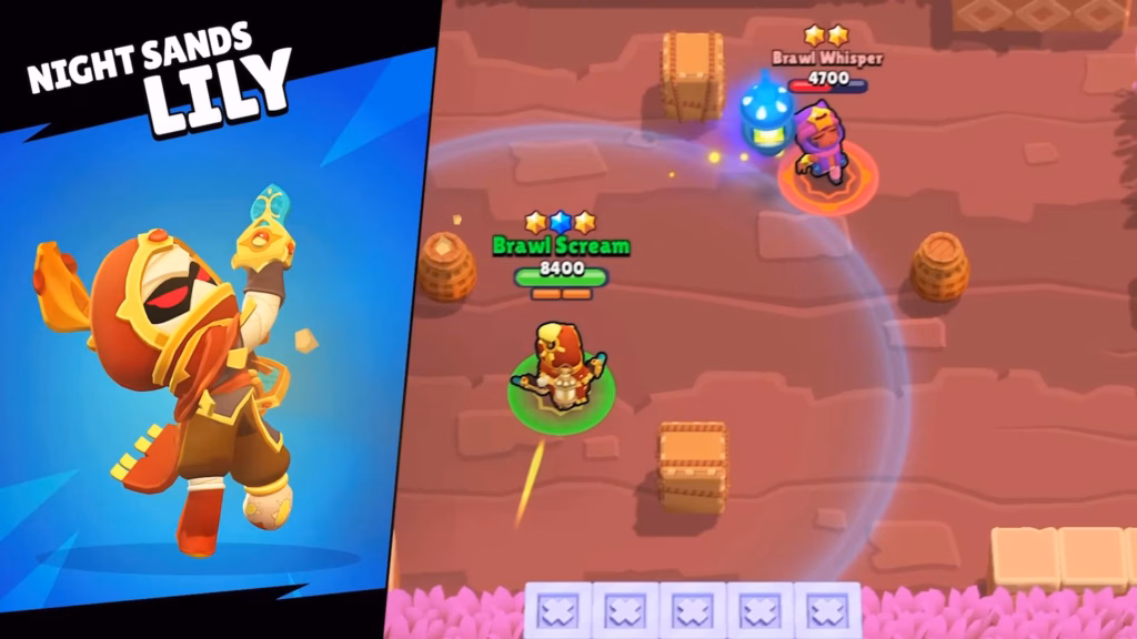 The screenshot from the Brawl Talk program from February 2026 highlights the Brawl Pass skin Night Sands Lily, as part of the Sands of Time Brawl Pass season.